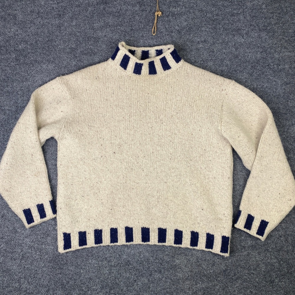 Irelands Eye Merino Wool Silk Sweater M Cream Navy Donegal Mock Neck Ireland